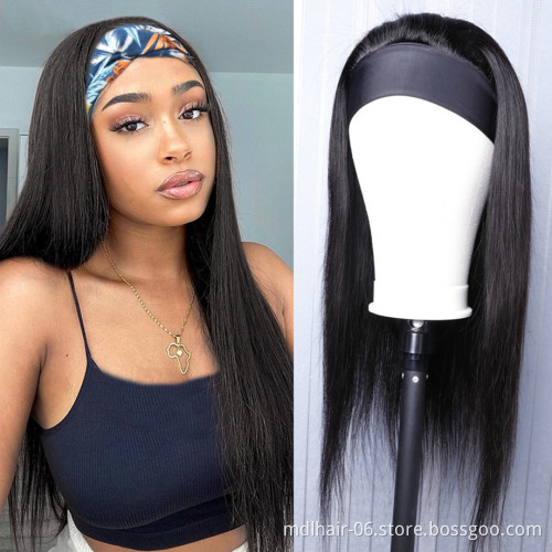 Wholesale Straight Human Hair Headband Wig for Black Women Natural Color Machine Made Non-Lace Wigs